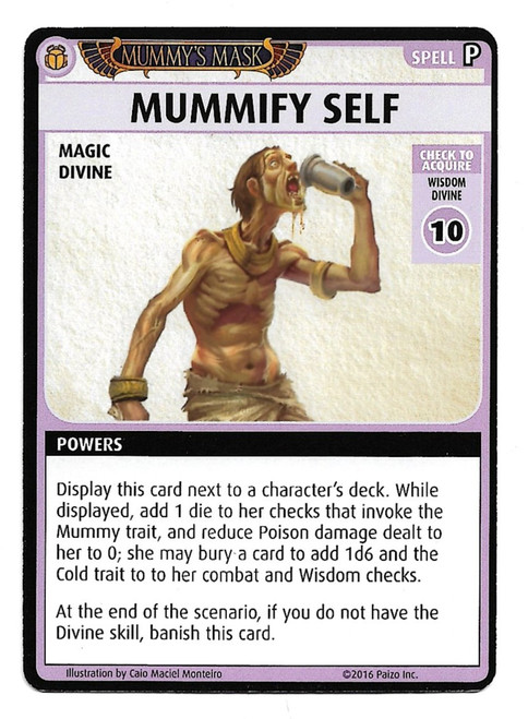 An emaciated human male drinks a potion to mummify himself.