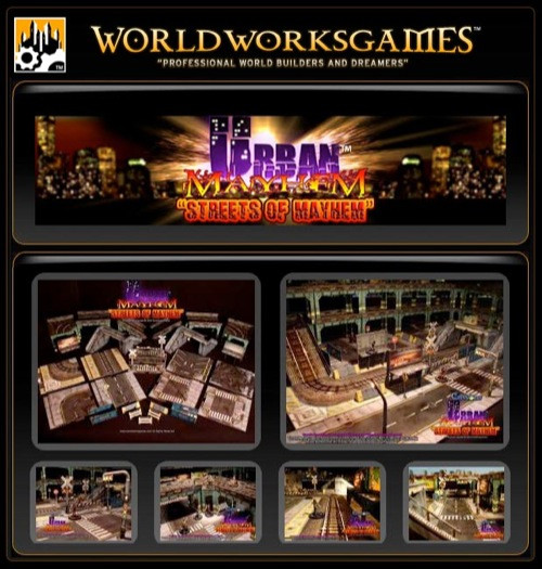 Urban Mayhem: Streets of Mayhem PDF, a World Works Games publication, featuring a cityscape with urban planning designs, and a bold title showcasing professional world-building resources and tools.