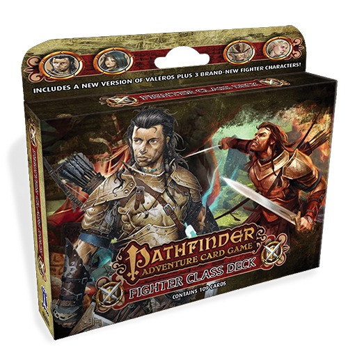 Pathfinder Adventure Card Game Fighter Deck box, containing 109 cards, with medieval-style fighters illustration, featuring new weapons and allies, a product by Pathfinder Adventure Card Game.