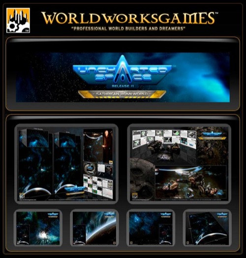 Uncharted Space: Sathrican Homeworld PDF, a PDF publication for world building, featuring Worldworks Games logo, blue and black galaxy themed design, with PDF screenshots and game details for professional world builders.