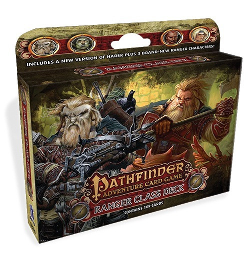 Pathfinder Adventure Card Game Ranger Class Deck features a bearded man and a bear, a 109-card set for Base Set or organized play campaigns, packed with new animal allies, weapons, and spells from the Pathfinder Adventure Card Game brand.