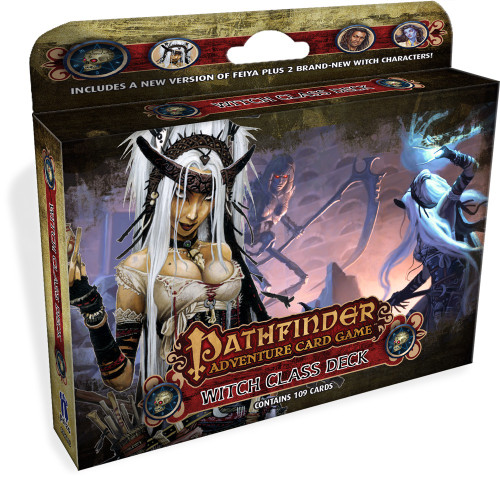Pathfinder Adventure Card Game: Witch Class Deck product image shows a wide card box with a tab above to hang from; the box features an image of a female human witch in the foreground, while in the background is an image of the same human witch in a purple-lit underground cavern fighting against a towering skeletal statue of a red-eyed woman armed with a scythe.