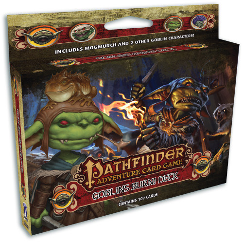 Pathfinder Adventure Card Game: Goblins Burn Class Deck product image shows a wide card box with a tab above to hang from; the box features an image of a smirking goblin with green skin and a leather cap in the foreground; in the background we see a goblin with a torch and a knife in an underground cave.