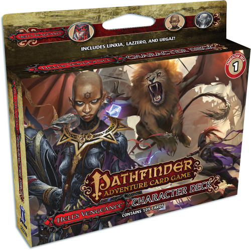 Pathfinder Adventure Card Game: Hell's Vengeance Character Deck 1 product image shows a wide card box with a tab above to hang from; the box features an image of a scary bald woman dressed in leather armor in the foreground; in the background we see a flying lion with a spiky tail attacking some armored figures on the ground below.