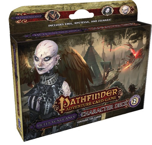 Pathfinder Adventure Card Game: Hell's Vengeance Character Deck 2 product image shows a wide card box with a tab above to hang from; the box features an image of a scary bald woman covered in scars and dressed in black armor; in the background we see a winged humanoid figure attacking smaller figures atop a tower, beyond which we see a foggy city skyline.