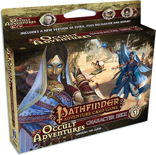 Pathfinder Adventure Card Game: Occult Adventures Character Deck 1. A 109-card accessory with mental attack characters Estra, Meligaster, and Rivani, featuring mystical artwork in a brown box with gold accents and red banner. (Pathfinder Society Adventure Card Guild, Card Game Accessories).