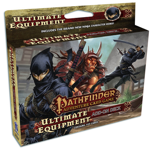 Pathfinder Adventure Card Game Ultimate Equipment Add-On Deck, 109-card box, featuring ninja Reiko and medieval gear, suitable for any Pathfinder Adventure Card Game character, with bold Pathfinder branding and dark color scheme in focus.