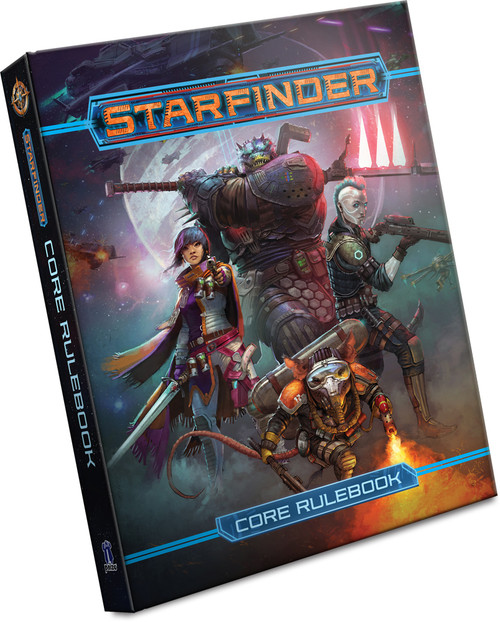 Starfinder Core Rulebook PDF product image shows four heroic sci-fi adventurers—a lizard person with a laser-axe, an android with a rifle, a human woman with a sword and laser pistol, and a rat humanoid with a tool and a flame thrower, all posed in front of a planet and several moons in outer space.