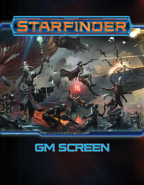 Starfinder GM Screen PDF cover shows a scene of a furious science-fiction battle taking place between a wide range of aliens in front of several spaceships in the background.