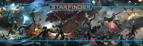 Starfinder GM Screen PDF image shows a very wide action scene of science fiction heroes engaged in an epic battle with aliens and giant worms and spaceships and more.
