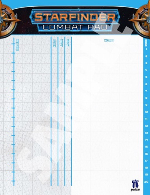 Starfinder Combat Pad shows an image of a blank initiative tracker with columns printed on it to serve as guidelines for magnet placement along with an unmarked place for notes, with the Starfinder logo at the top.