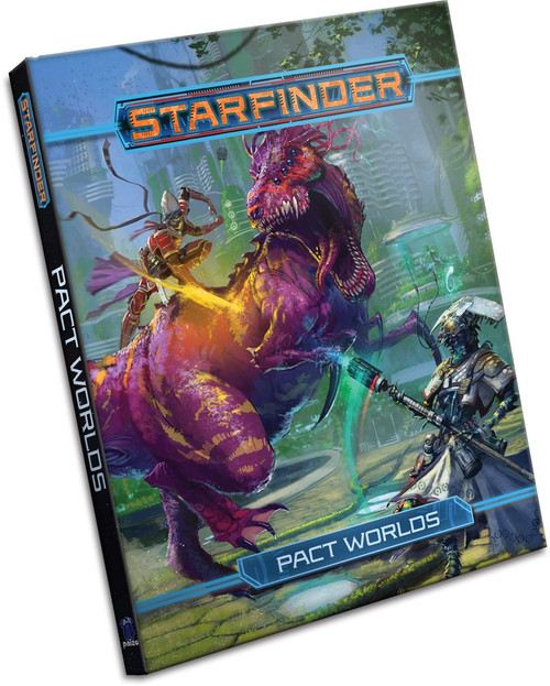 Starfinder Pact Worlds PDF product image shows a purple dinosaur like alien fighting a pair of science fiction heroes in a landscape of an overgrown ruined modern city.