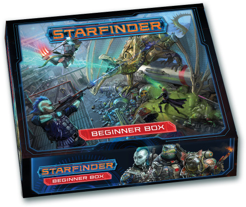 Starfinder Beginner Box PDF product image shows science-fiction heroes, including a rifle-wielding android and a large reptilian humanoid with a plasma-bladed axe attacking an immense green-yellow alien clambering over a ruined structure.