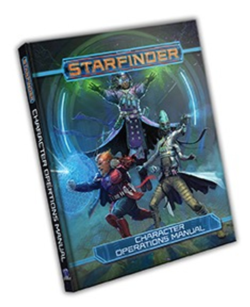 Starfinder Character Operations Manual Hardcover product image shows three humanoids, including a four armed alien, a red-haired man armed with a shield made of blue force, and a mystical humanoid with arms raised up to glowing green lights.