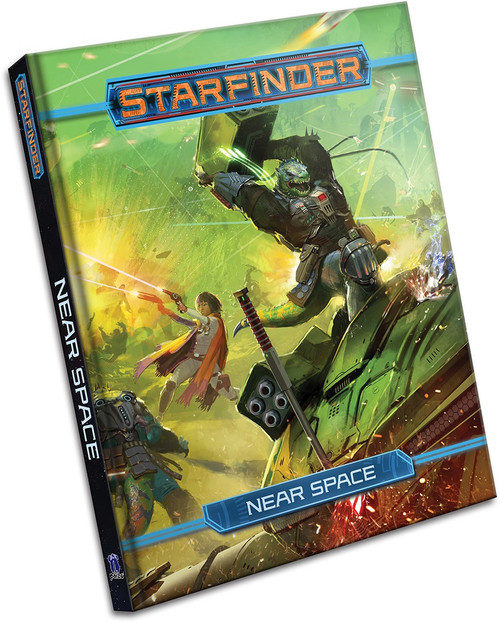 Starfinder Near Space PDF product image shows a fight taking place in a war-torn battlefield with a green misty background, with a human woman firing two laser guns at an unseen foe while in the foreground a reptilian humanoid rips a missile launcher off the back of a big green robot. 