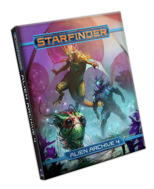 Starfinder Alien Archive 4 PDF product image shows three science-fiction monsters in a weird alien swampland; a robotic dragon, a blue humanoid with coral growths on its body, and a big-eyed green fish alien.