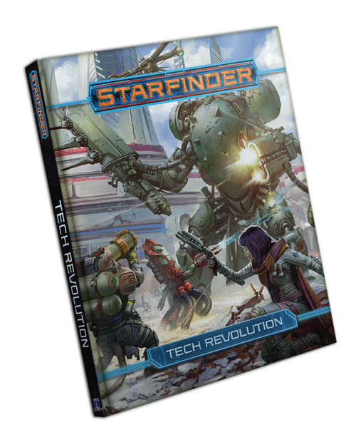 Starfinder Tech Revolution Hardcover product image shows an immense green robot attacking several much smaller science-fiction heroes on the streets of a futuristic city.