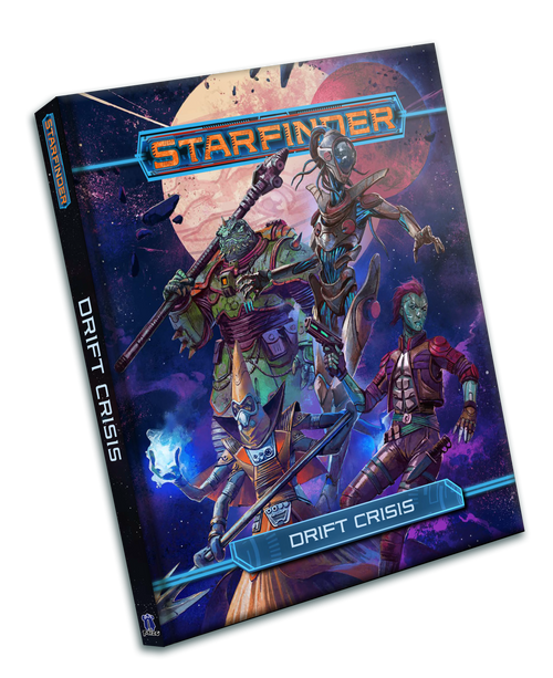 Starfinder Drift Crisis Hardcover product image shows four different alien heroes posing in battle ready stances in front of two immense planets in deep space.