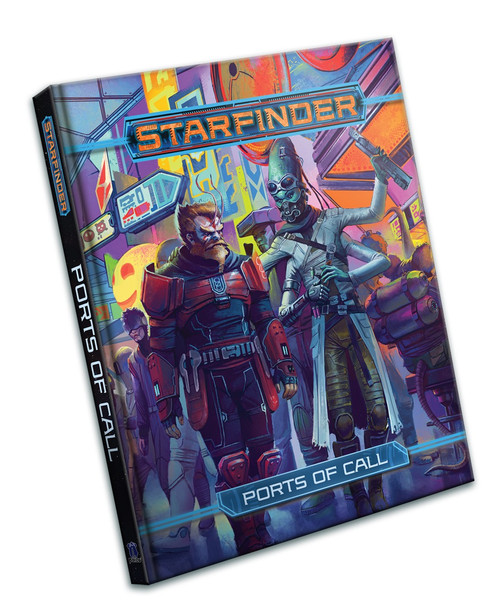 Starfinder Ports of Call PDF product image shows two humanoids—one with red hair wearing red armor, and one with four arms, chatting to each other in a busy street in front of a colorful background of neon signs on the faces of several tall buildings. 