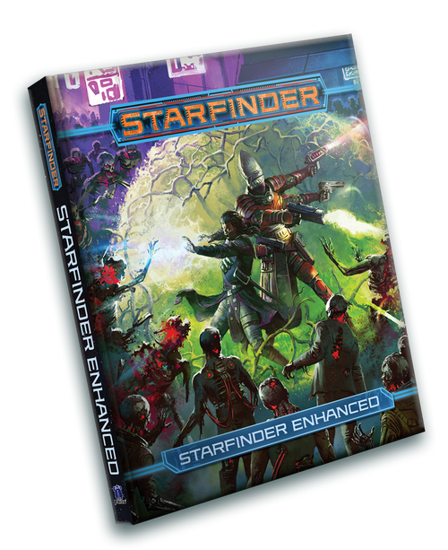 Starfinder Enhanced PDF product image shows a four-armed alien and a humanoid figure creating purple energy standing in a green sphere as they’re surrounded and attacked by several cybernetic zombies.
