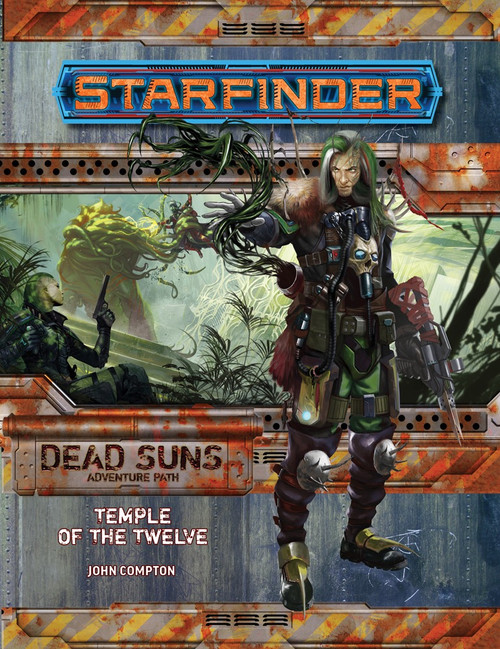 Starfinder Adventure Path #2: Temple of the Twelve (Dead Suns 2 of 6) PDF cover shows a green-haired humanoid with a plant-like vine coiling by their arm, with a background image of science-fiction heroes fighting alien plant monsters in a swamp.