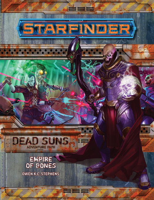 Starfinder Adventure Path #6: Empire of Bones (Dead Suns 6 of 6) PDF cover shows an undead figure with a skull face and clad in dark armor with a ghostly skull shimmering in one hand, with a background image of science-fiction heroes engaged in a shoot-out in an area with glowing green walls.