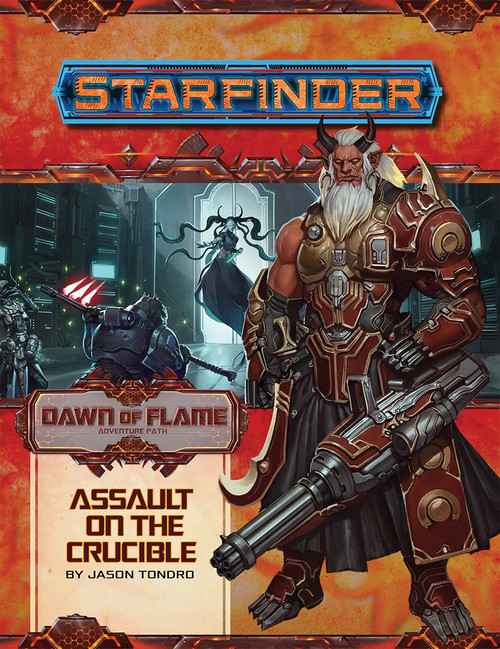 Starfinder Adventure Path #18: Assault on the Crucible (Dawn of Flame 6 of 6) PDF cover shows an armored horned humanoid carrying a massive heavy rifle, with a background image of a fight breaking out between hammer wielding soldiers and science-fiction heroes with a city of ivory domes and towers in the background.