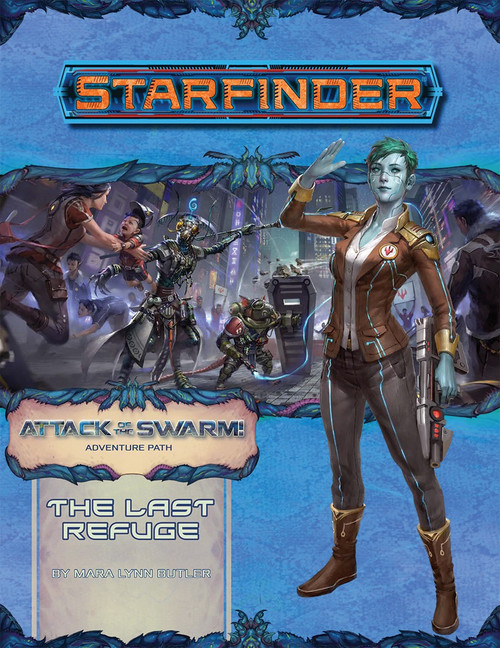 Starfinder Adventure Path #20: The Last Refuge (Attack of the Swarm! 2 of 6) PDF cover shows a green haired pale-blue-skinned woman wearing a fashionable suit and raising a hand in greeting, with a background image of some sort of confrontation breaking out in what appears to be a casino game room.