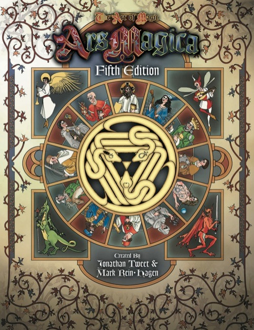 Ars Magica 5th Edition Core Rulebook PDF, featuring a golden triangular design with fantasy scenes, created by Jonathan Tweet and Mark Rein-Hagen. The official 5th Edition rulebook for fantasy magic in digital format, created by a well-known role-playing game brand.