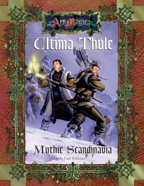 A digital copy of the Ars Magica: Ultima Thule PDF, featuring warriors and a polar bear on a red leather background with a green vine border, set in mythic Scandinavia, by Paul Williams.