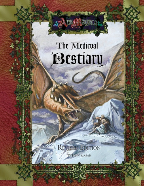 Ars Magica: The Medieval Bestiary Revised Edition PDF cover features detailed fantasy art and a medieval theme, showcasing a dragon attacking a person on a red background with a green decorative border.