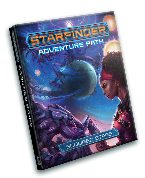 Starfinder Scoured Stars Adventure Path PDF; cover depicts a human woman in a futuristic space suit facing off against a threatening purple insectile alien as, in the background, an inifinitely larger alien of the same species wraps its chitinous body and legs around an entire planet threateningly. 
