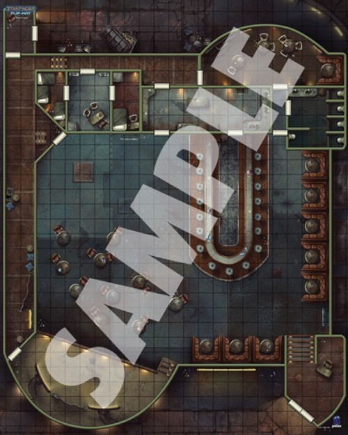 Starfinder Flip-Mat: Cantina PDF. Sample view of a map depicting a grimy dive bar.