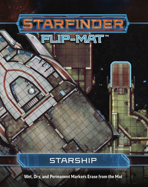 Starfinder Flip-Mat: Starship. Two overlayed maps, one featuring a spaceship with sleek lines and inviting colors, the other depicting a spaceship with a darker color scheme.