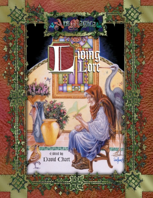 Ars Magica Living Lore PDF fantasy book cover featuring a hooded figure with angel wings, candle, decorative border, and stained glass window in a fantasy setting, edited by David Chart.