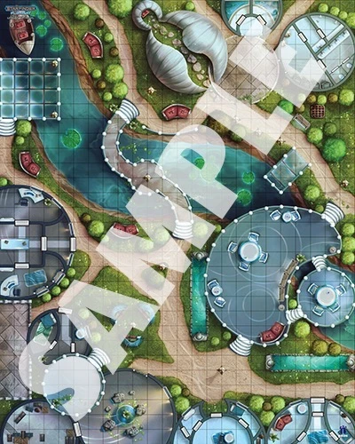 Starfinder Flip-Mat: Urban Sprawl. Sample view of a map depicting a luxurious futuristic city center, complete with trees and patios.