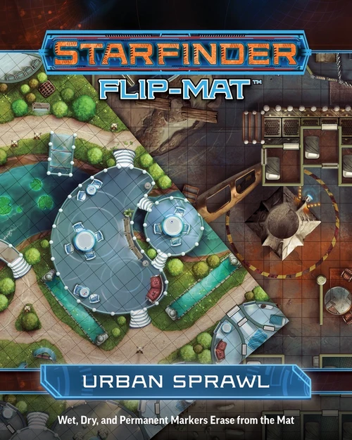 Starfinder Flip-Mat: Urban Sprawl PDF. Two overlayed maps, one depicting a luxurious futuristic city center, and the other depicting the grimy alleys of an industrial city.