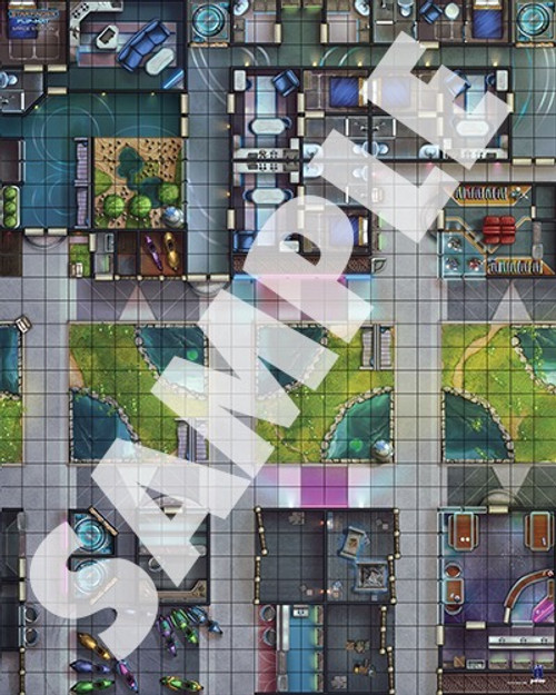 Starfinder Flip-Mat: Space Station PDF. Sample view of a map depicting a space station plaza with grassy areas and retail centers.