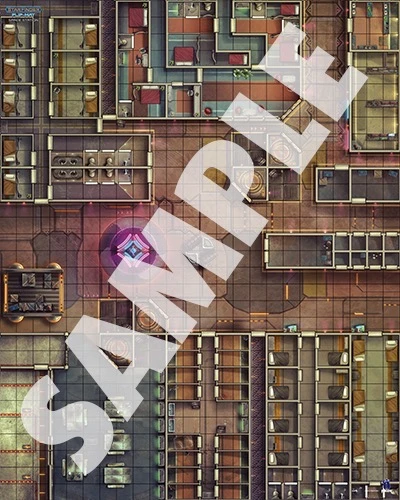 Starfinder Flip-Mat: Space Station PDF. Sample view of a map depicting a space station’s industrial underbelly, filled with cramped rooms and machinery.