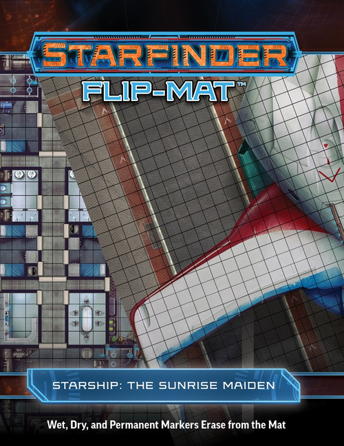Starfinder Flip-Mat: Starship: The Sunrise Maiden PDF. Two overlayed maps, one depicting a starship in a docking bay, and the other depicting the interior of the starship.