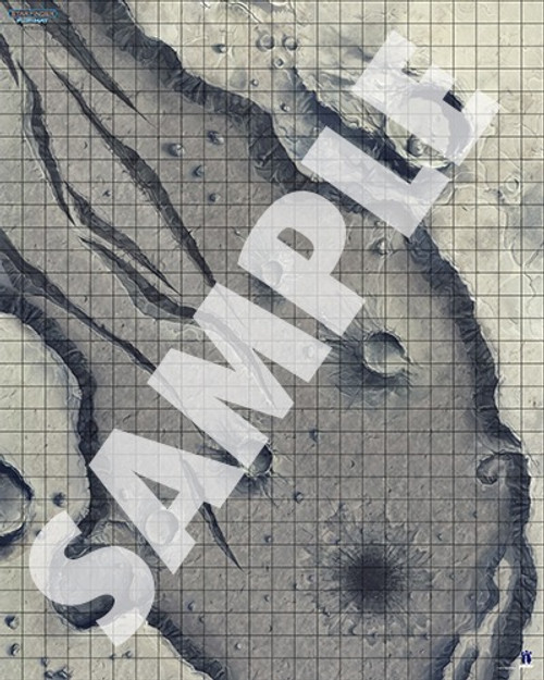 Starfinder Flip-Mat: Asteroid. Sample view of a map depicting the surface of an asteroid, with crevices and craters.