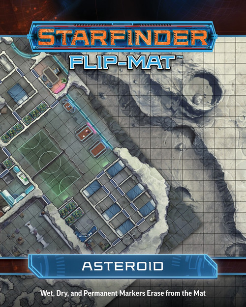 Starfinder Flip-Mat: Asteroid PDF. Two overlayed maps, one depicting a cratered asteroid, and the other featuring a mining base beneath the surface of the asteroid.