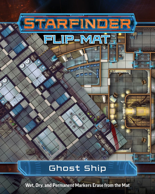 Starfinder Flip-Mat: Ghost Ship PDF. Two overlayed maps, each depicting a different layout of a spaceship that has been abandoned.