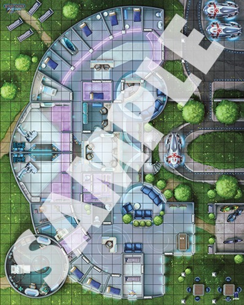 Starfinder Flip-Mat: Hospital PDF. Sample view of a map depicting a futuristic, pristine hospital complex.