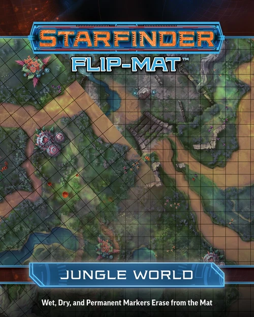 Starfinder Flip-Mat: Jungle World PDF. A map depicting an overgrown jungle with alien artifacts amid the foliage.