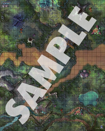 Starfinder Flip-Mat: Jungle World PDF. Sample view of a map depicting an overgrown jungle scene on an alien planet.