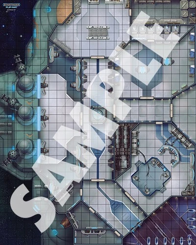 Starfinder Flip-Mat: Warship PDF. Sample view of a map depicting the gun deck of a futuristic spaceship.