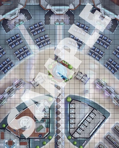 Starfinder Flip-Mat: Spaceport PDF. Sample view of a map depicting a futuristic public square with a fountain and lots of seating.