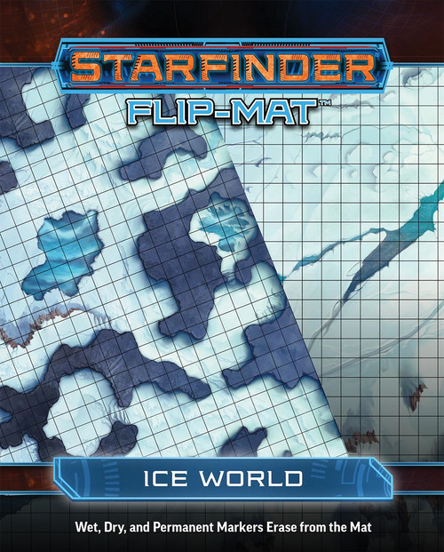 Starfinder Flip-Mat: Ice World. Two overlayed maps, one depicting frozen tunnels in an icy cavern, and the other featuring a snow-covered landscape.