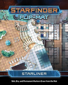 Starfinder Flip-Mat: Starliner. Two overlayed maps, one depicting the luxurious upper deck of a cruise ship-style spaceship, the other showing the interior of the ship.